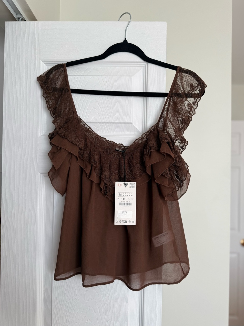Zara Brown Sheer Lace Ruffle Top — Size M (New with Tags)